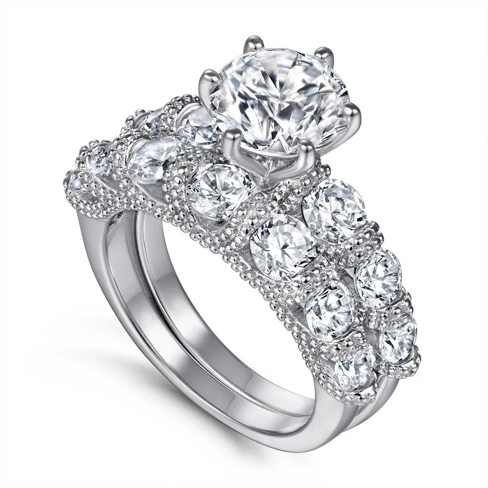 Round Zircon with Beading Zircon Silver Ring Set