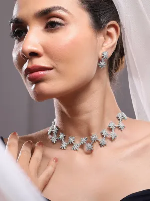 Rubans Rhodium-Plated Cubic Zirconia Studded Snowflake Necklace & Earrings Set