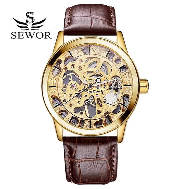 SEWOR Brand Luxury Watch Men Gold Leather Mechanical Automatic Watch Skeleton Steel Dress WristWatch Men Fashion Sport Watch