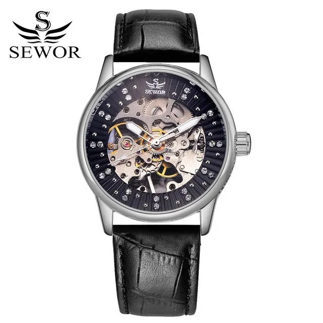 SEWOR Brand Luxury Watch Men Gold Leather Mechanical Automatic Watch Skeleton Steel Dress WristWatch Men Fashion Sport Watch