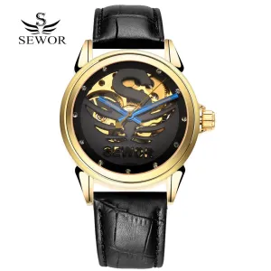SEWOR Brand Luxury Watch Men Gold Leather Mechanical Automatic Watch Skeleton Steel Dress WristWatch Men Fashion Sport Watch