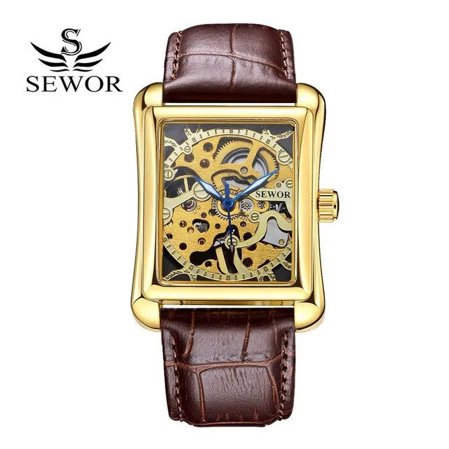 SEWOR Brand Luxury Watch Men Gold Leather Mechanical Automatic Watch Skeleton Steel Dress WristWatch Men Fashion Sport Watch