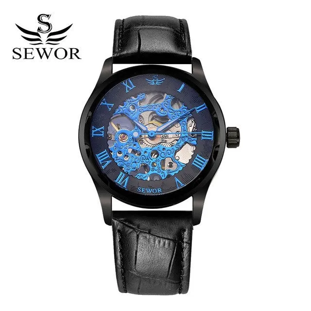 SEWOR Brand Luxury Watch Men Gold Leather Mechanical Automatic Watch Skeleton Steel Dress WristWatch Men Fashion Sport Watch