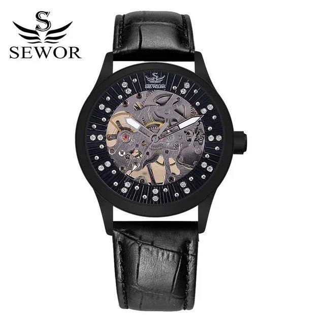 SEWOR Brand Luxury Watch Men Gold Leather Mechanical Automatic Watch Skeleton Steel Dress WristWatch Men Fashion Sport Watch