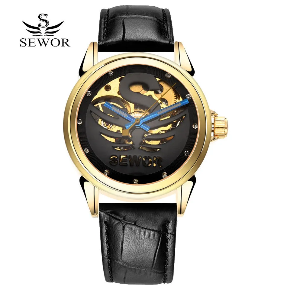 SEWOR Brand Luxury Watch Men Gold Leather Mechanical Automatic Watch Skeleton Steel Dress WristWatch Men Fashion Sport Watch