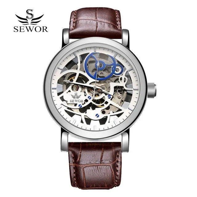 SEWOR Brand Luxury Watch Men Gold Leather Mechanical Automatic Watch Skeleton Steel Dress WristWatch Men Fashion Sport Watch