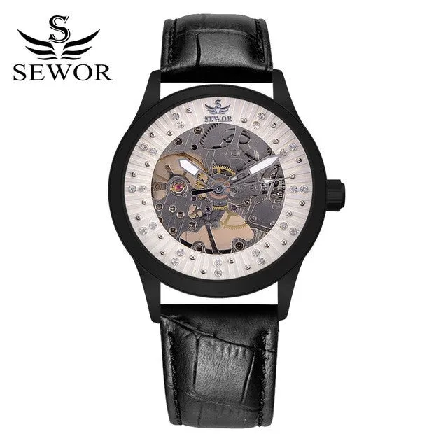 SEWOR Brand Luxury Watch Men Gold Leather Mechanical Automatic Watch Skeleton Steel Dress WristWatch Men Fashion Sport Watch