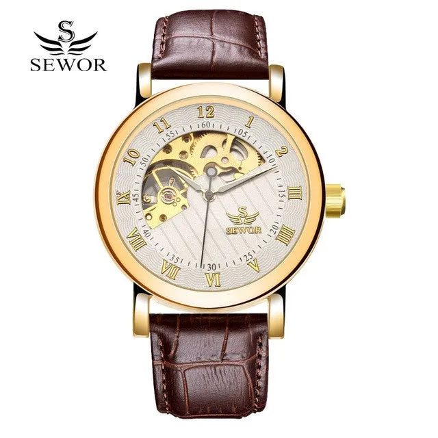 SEWOR Brand Luxury Watch Men Gold Leather Mechanical Automatic Watch Skeleton Steel Dress WristWatch Men Fashion Sport Watch