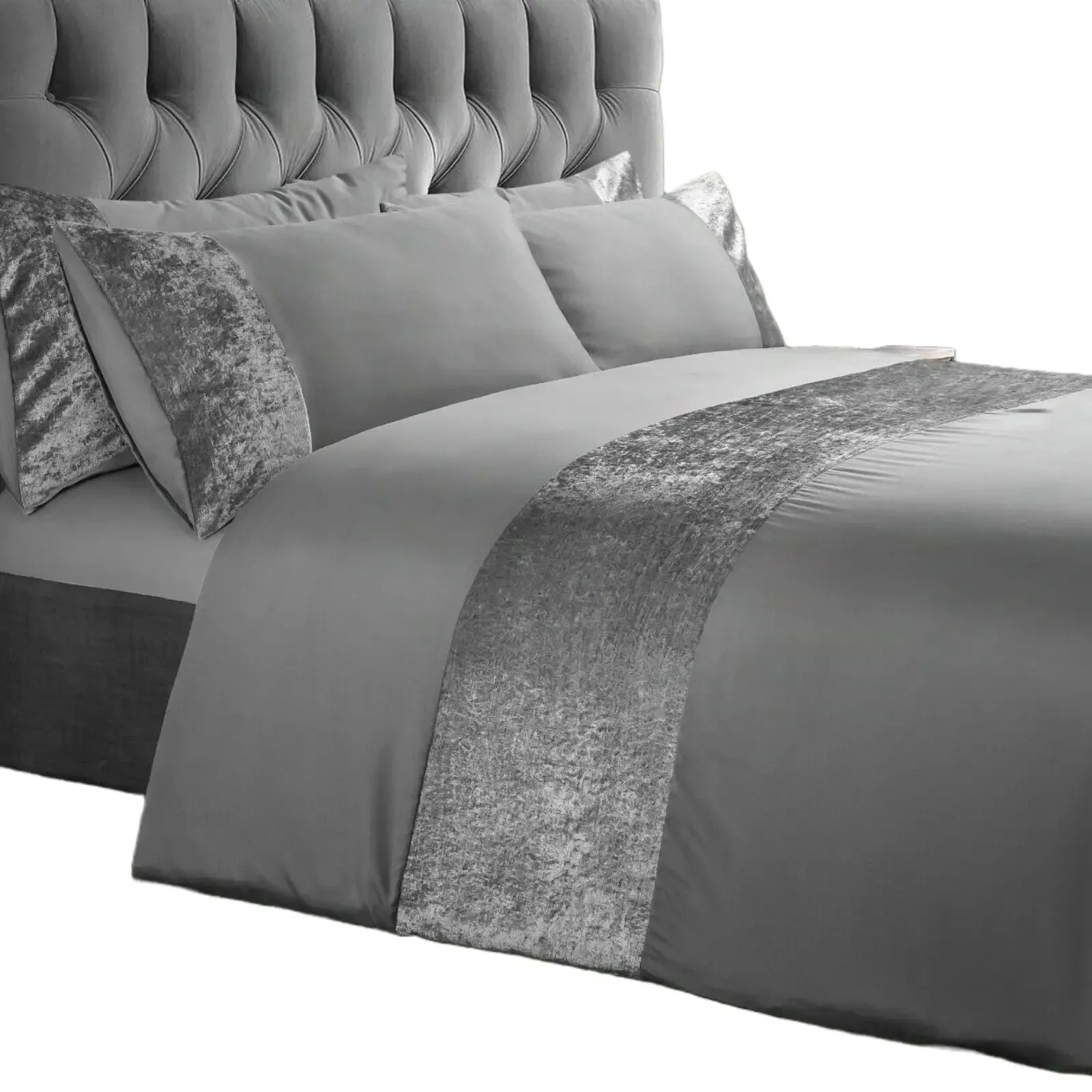 Silver Crushed Velvet Panel Duvet Cover and Pillowcase Set