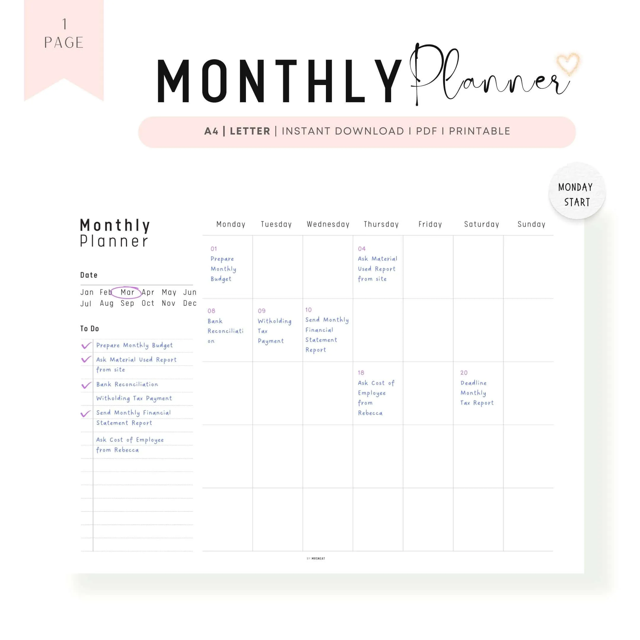 Simple Monthly Planner Printable - M245