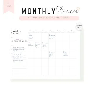 Simple Monthly Planner Printable - M245