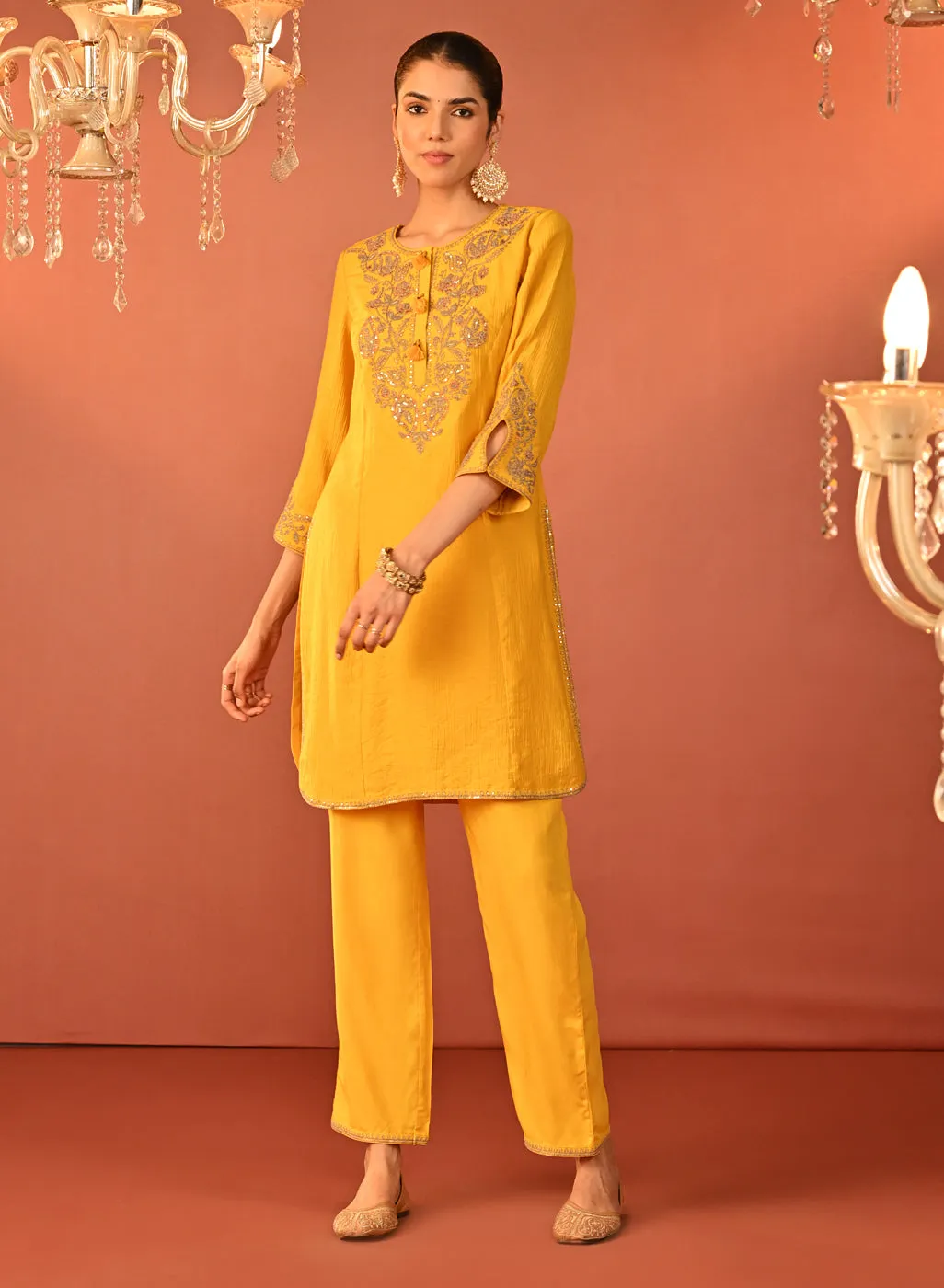 Uroosa Chrome Yellow Embroidered Cotton Kurta Set for Women
