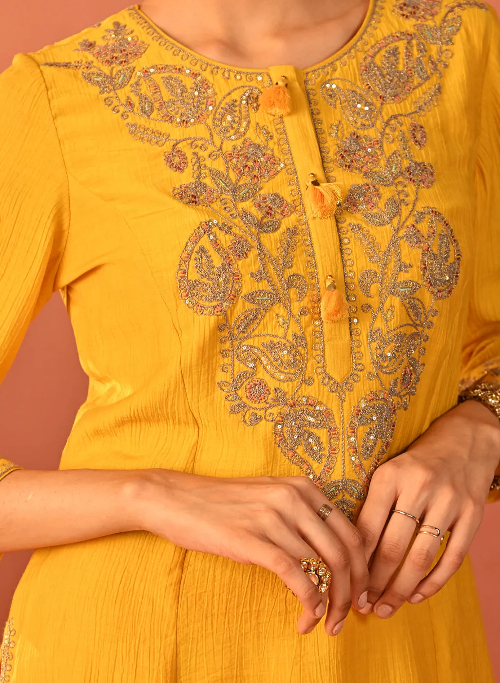 Uroosa Chrome Yellow Embroidered Cotton Kurta Set for Women