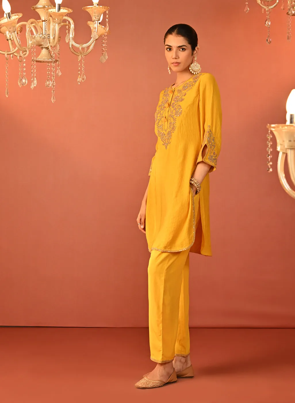 Uroosa Chrome Yellow Embroidered Cotton Kurta Set for Women