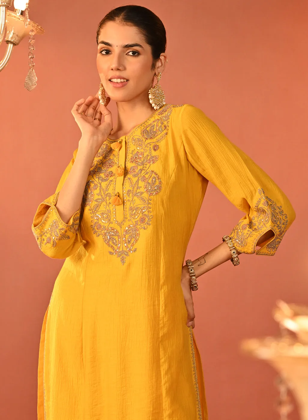 Uroosa Chrome Yellow Embroidered Cotton Kurta Set for Women