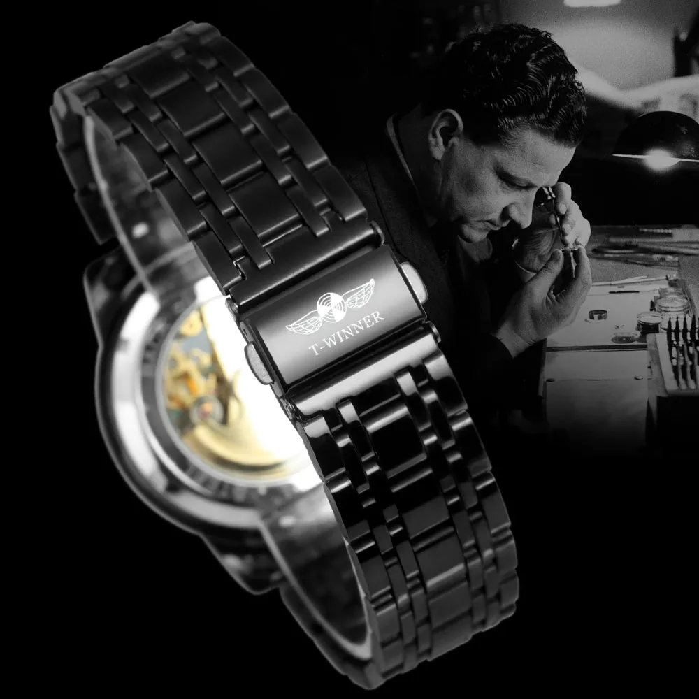 WINNER Black Gold Skeleton Automatic Mechanical Watch TM349 Stainless Steel Strap Fashion Diamond Luminous Hands Mens Watches