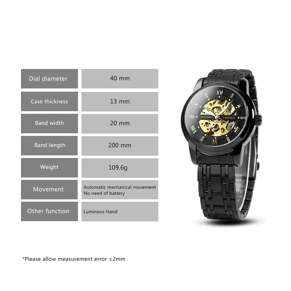 WINNER Black Gold Skeleton Automatic Mechanical Watch TM349 Stainless Steel Strap Fashion Diamond Luminous Hands Mens Watches