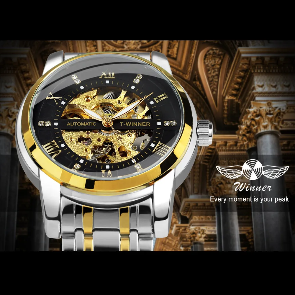 WINNER Black Gold Skeleton Automatic Mechanical Watch TM349 Stainless Steel Strap Fashion Diamond Luminous Hands Mens Watches