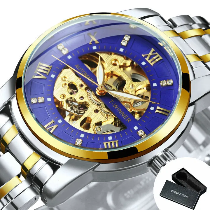 WINNER Black Gold Skeleton Automatic Mechanical Watch TM349 Stainless Steel Strap Fashion Diamond Luminous Hands Mens Watches