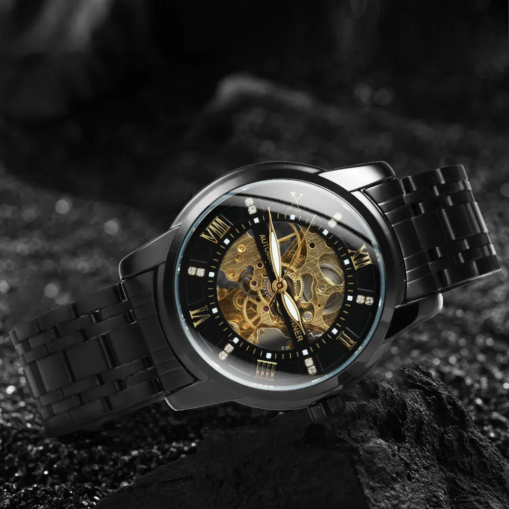 WINNER Black Gold Skeleton Automatic Mechanical Watch TM349 Stainless Steel Strap Fashion Diamond Luminous Hands Mens Watches