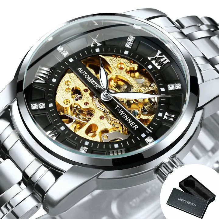 WINNER Black Gold Skeleton Automatic Mechanical Watch TM349 Stainless Steel Strap Fashion Diamond Luminous Hands Mens Watches