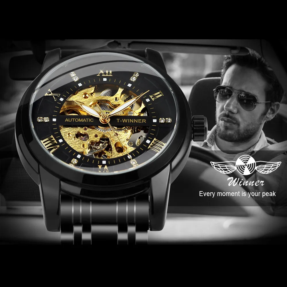 WINNER Black Gold Skeleton Automatic Mechanical Watch TM349 Stainless Steel Strap Fashion Diamond Luminous Hands Mens Watches