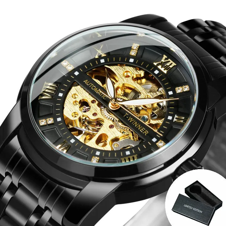 WINNER Black Gold Skeleton Automatic Mechanical Watch TM349 Stainless Steel Strap Fashion Diamond Luminous Hands Mens Watches