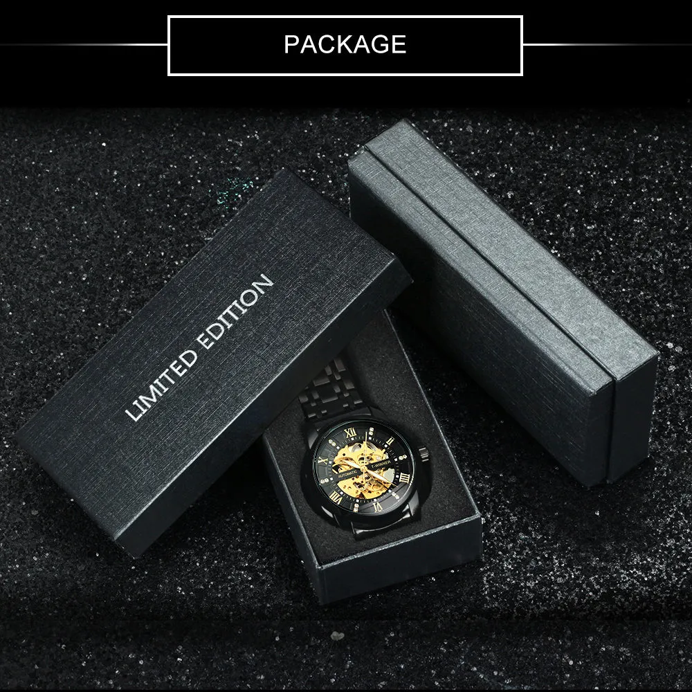 WINNER Black Gold Skeleton Automatic Mechanical Watch TM349 Stainless Steel Strap Fashion Diamond Luminous Hands Mens Watches