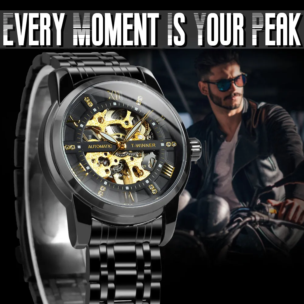 WINNER Black Gold Skeleton Automatic Mechanical Watch TM349 Stainless Steel Strap Fashion Diamond Luminous Hands Mens Watches
