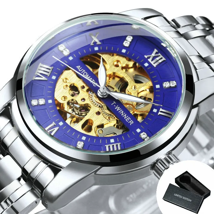 WINNER Black Gold Skeleton Automatic Mechanical Watch TM349 Stainless Steel Strap Fashion Diamond Luminous Hands Mens Watches