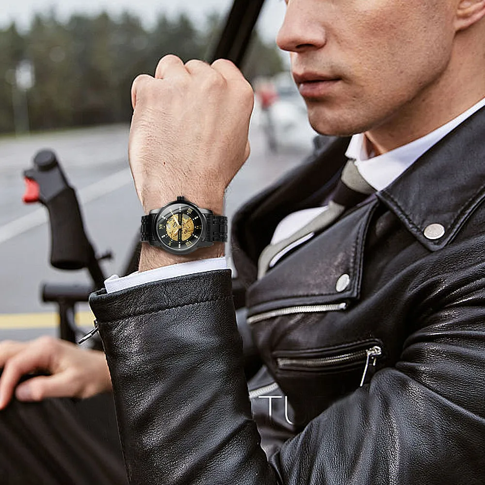 WINNER Black Gold Skeleton Automatic Mechanical Watch TM349 Stainless Steel Strap Fashion Diamond Luminous Hands Mens Watches