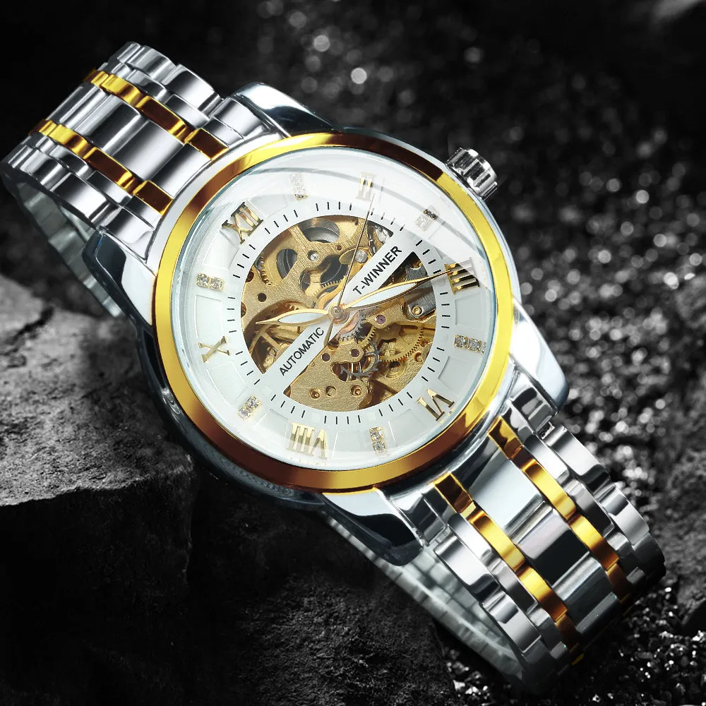WINNER Black Gold Skeleton Automatic Mechanical Watch TM349 Stainless Steel Strap Fashion Diamond Luminous Hands Mens Watches