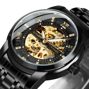 WINNER Black Gold Skeleton Automatic Mechanical Watch TM349 Stainless Steel Strap Fashion Diamond Luminous Hands Mens Watches