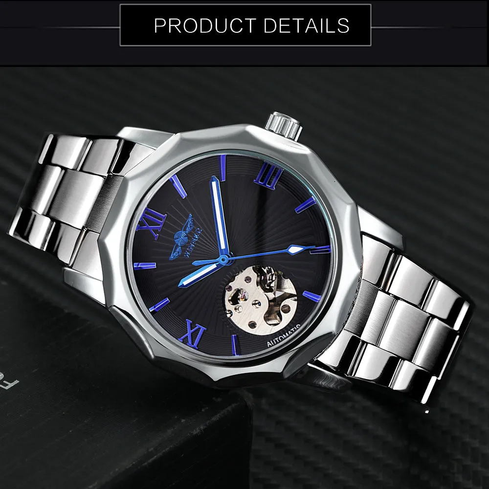 WINNER Black Irregular Skeleton Business Automatic Mechanical Mens Watches Luminous Hands 312G