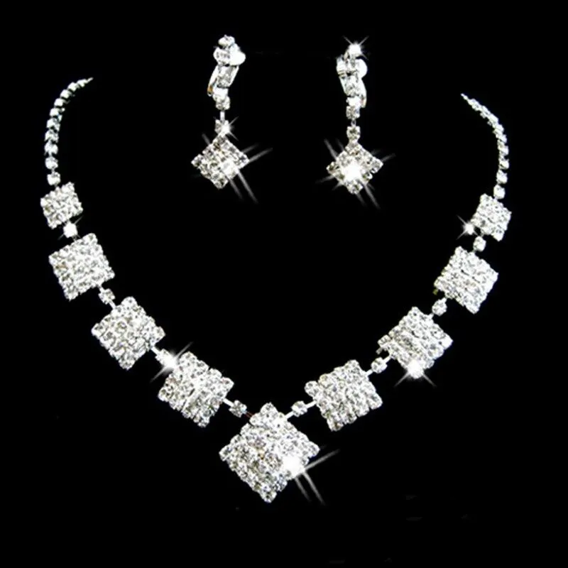 Women Rhinestone Silver Plated Necklace Earrings Sets