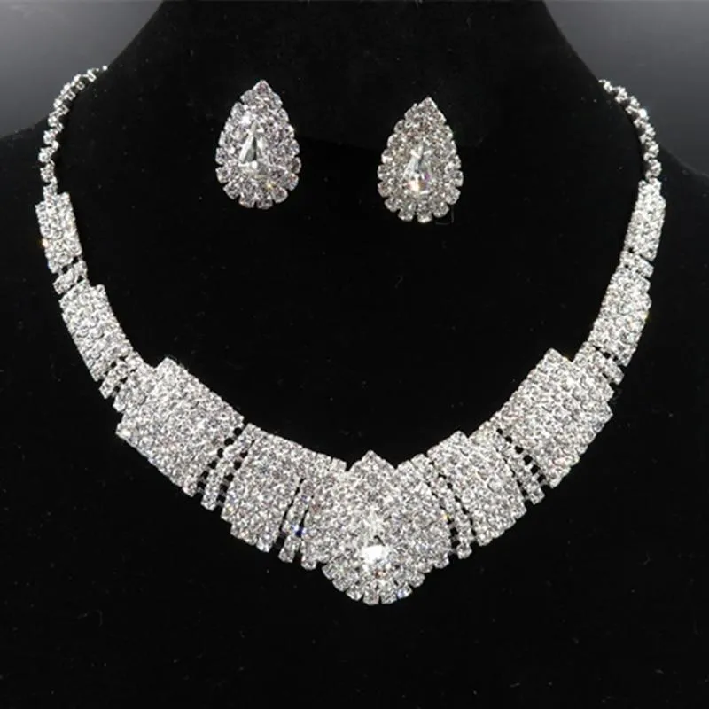 Women Rhinestone Silver Plated Necklace Earrings Sets