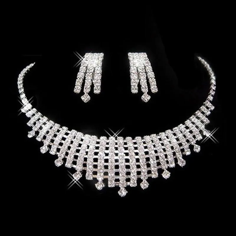 Women Rhinestone Silver Plated Necklace Earrings Sets