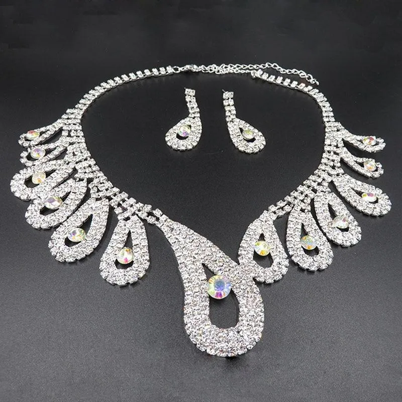 Women Rhinestone Silver Plated Necklace Earrings Sets