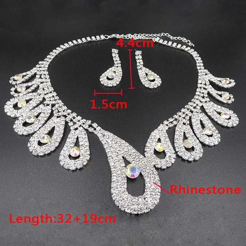 Women Rhinestone Silver Plated Necklace Earrings Sets