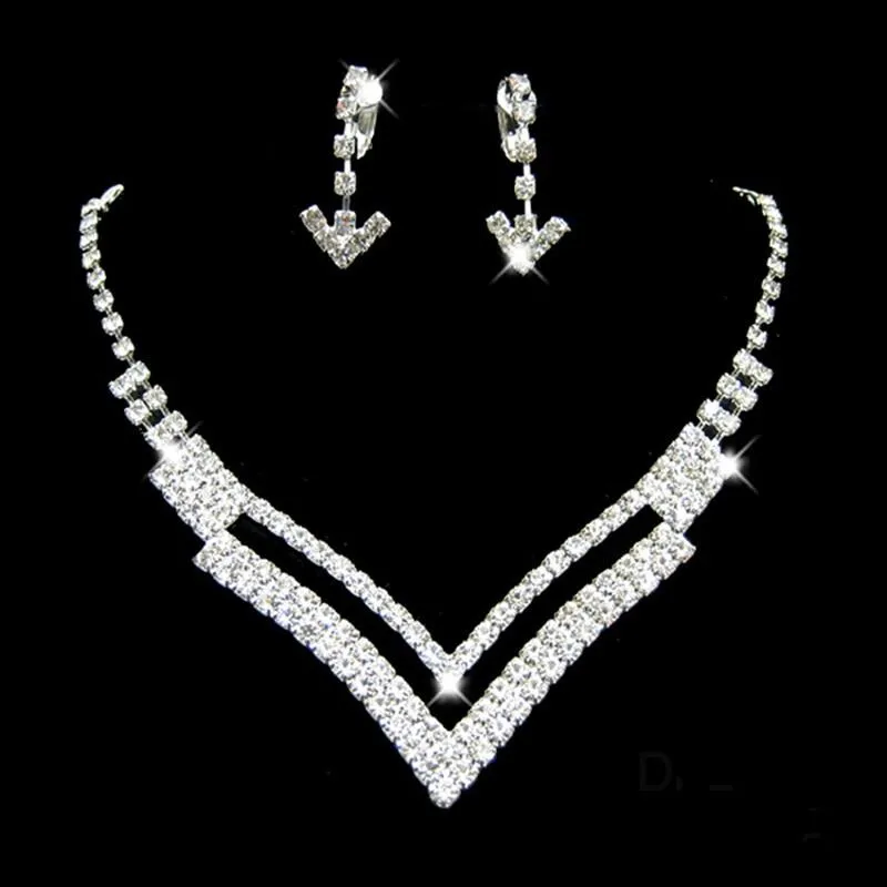 Women Rhinestone Silver Plated Necklace Earrings Sets