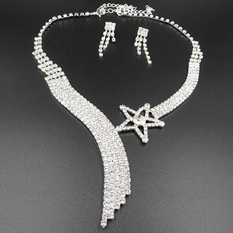 Women Rhinestone Silver Plated Necklace Earrings Sets