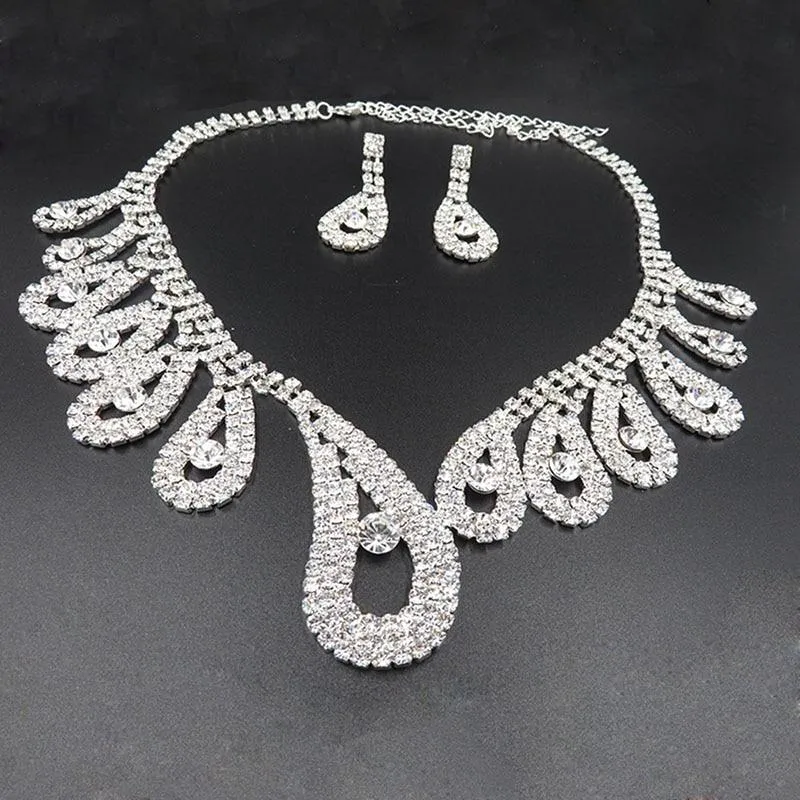 Women Rhinestone Silver Plated Necklace Earrings Sets