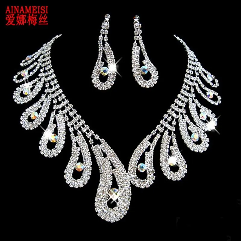 Women Rhinestone Silver Plated Necklace Earrings Sets
