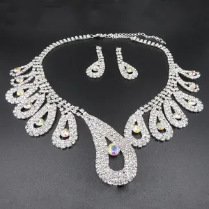Women Rhinestone Silver Plated Necklace Earrings Sets