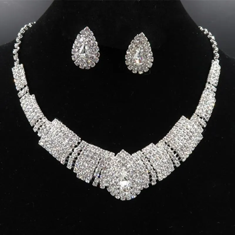 Women Rhinestone Silver Plated Necklace Earrings Sets