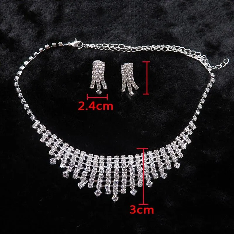 Women Rhinestone Silver Plated Necklace Earrings Sets