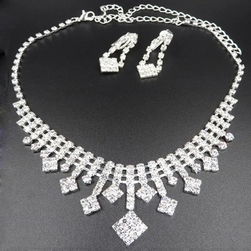 Women Rhinestone Silver Plated Necklace Earrings Sets