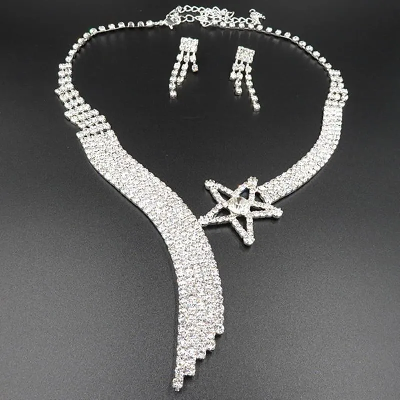 Women Rhinestone Silver Plated Necklace Earrings Sets