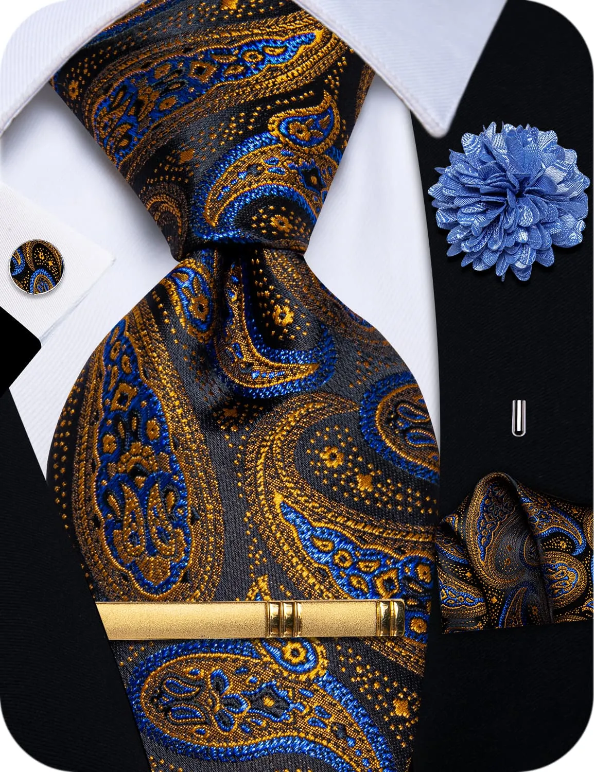 YourTies Mens Tie Teal Black Gold Paisley Jacquard Necktie Set