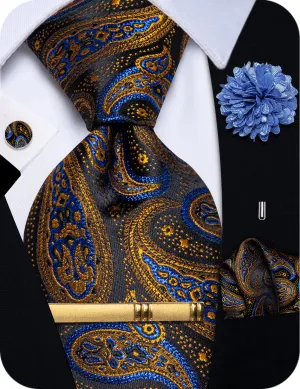 YourTies Mens Tie Teal Black Gold Paisley Jacquard Necktie Set